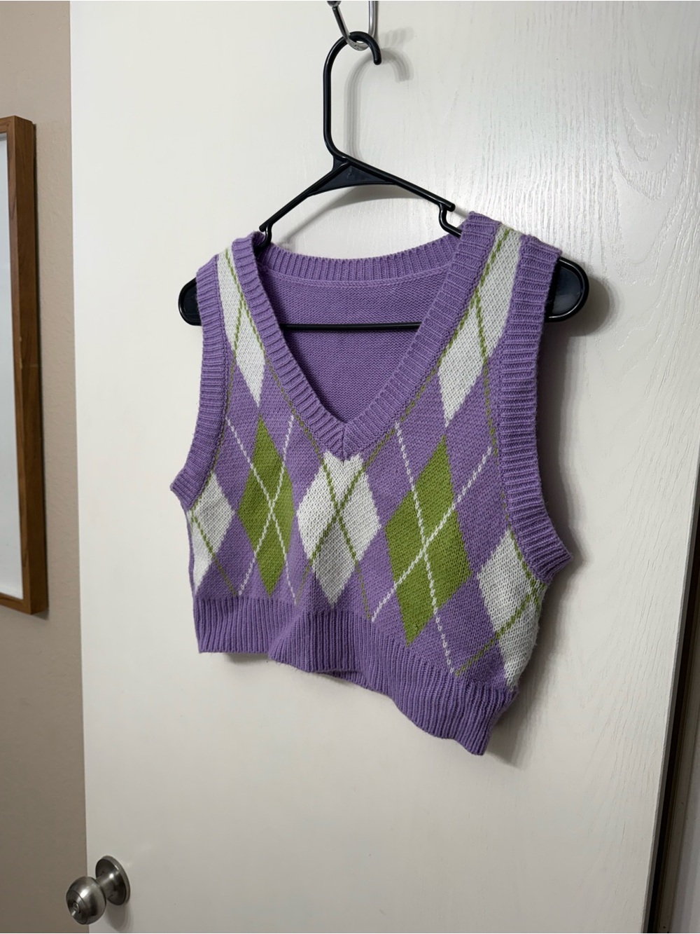SHEIN Lavender Sweater Vest with Green & White Argyle